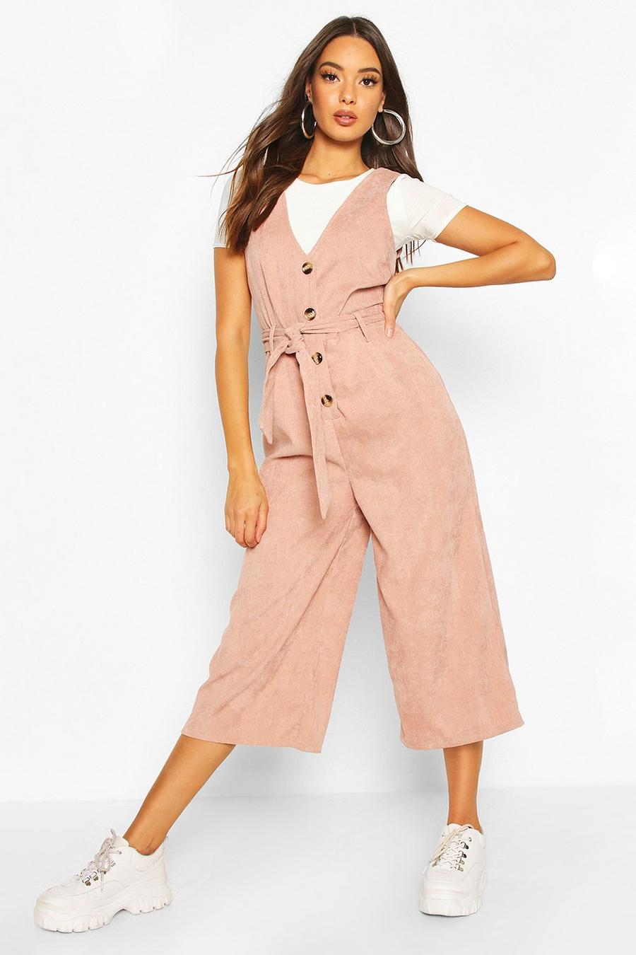 Nude Cord Button Front Culotte Pinafore Jumpsuit image number 1