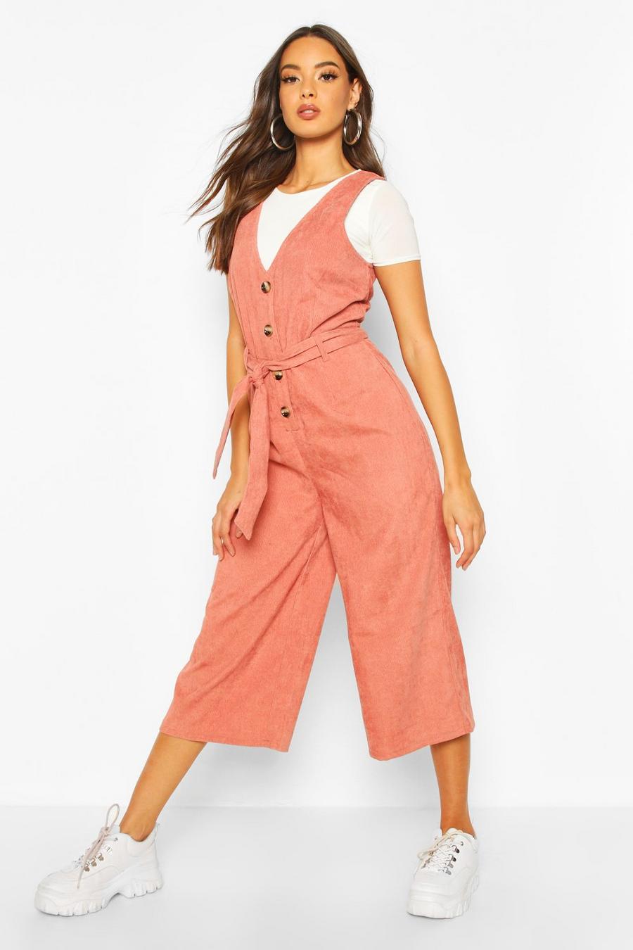 Terracotta Cord Button Front Culotte Pinafore Jumpsuit image number 1