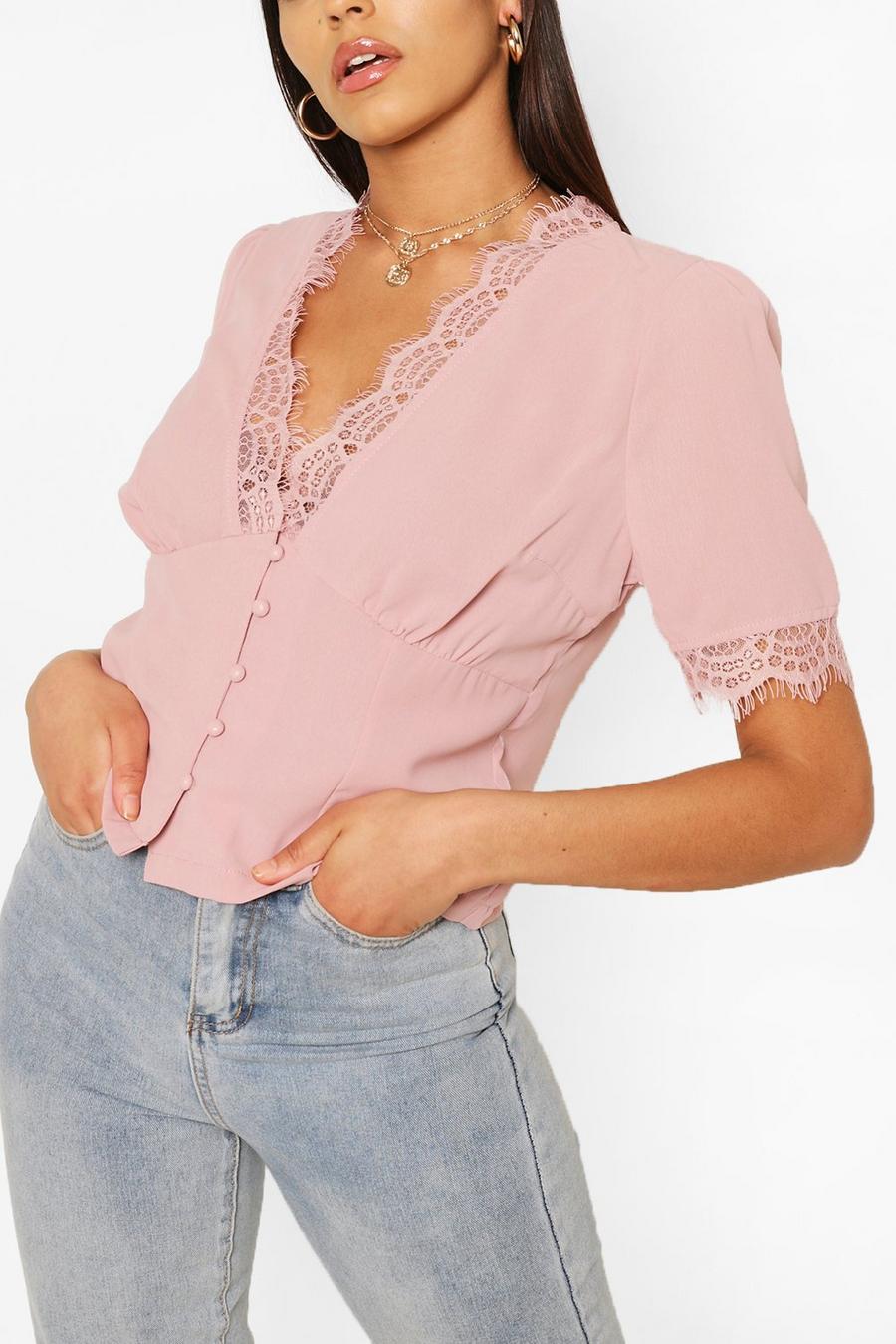 Blush Woven Lace Trim Button Through Blouse image number 1