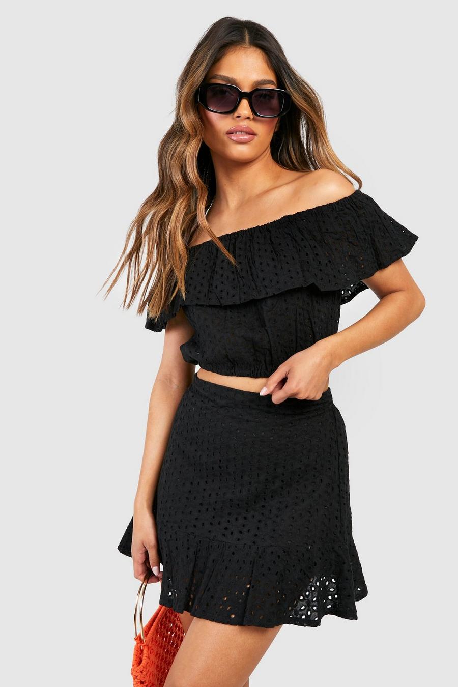 Black Broiderie Anglaise Off Shoulder& Skirt Co-ord image number 1
