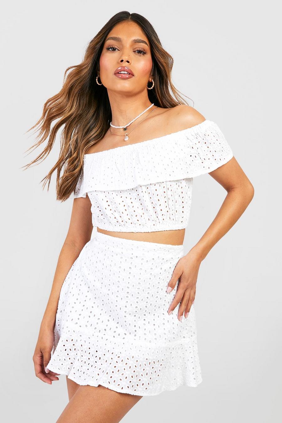 White Broiderie Anglaise Off Shoulder& Skirt Co-ord image number 1