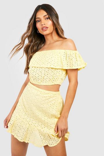 Broiderie Anglaise Off Shoulder& Skirt Two-Piece yellow