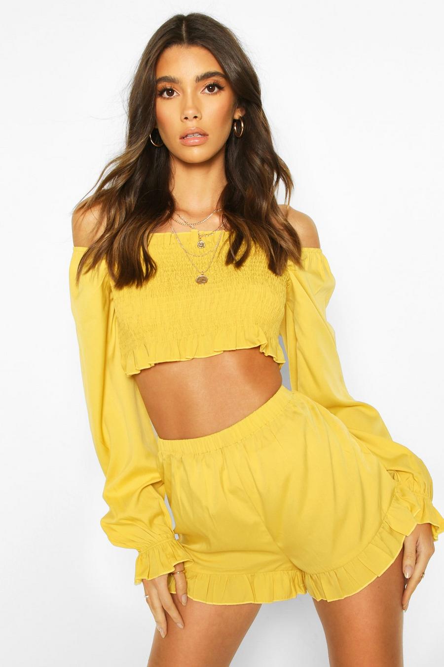 Yellow Woven Shirred Ruffle Top & Shorts Two-Piece image number 1