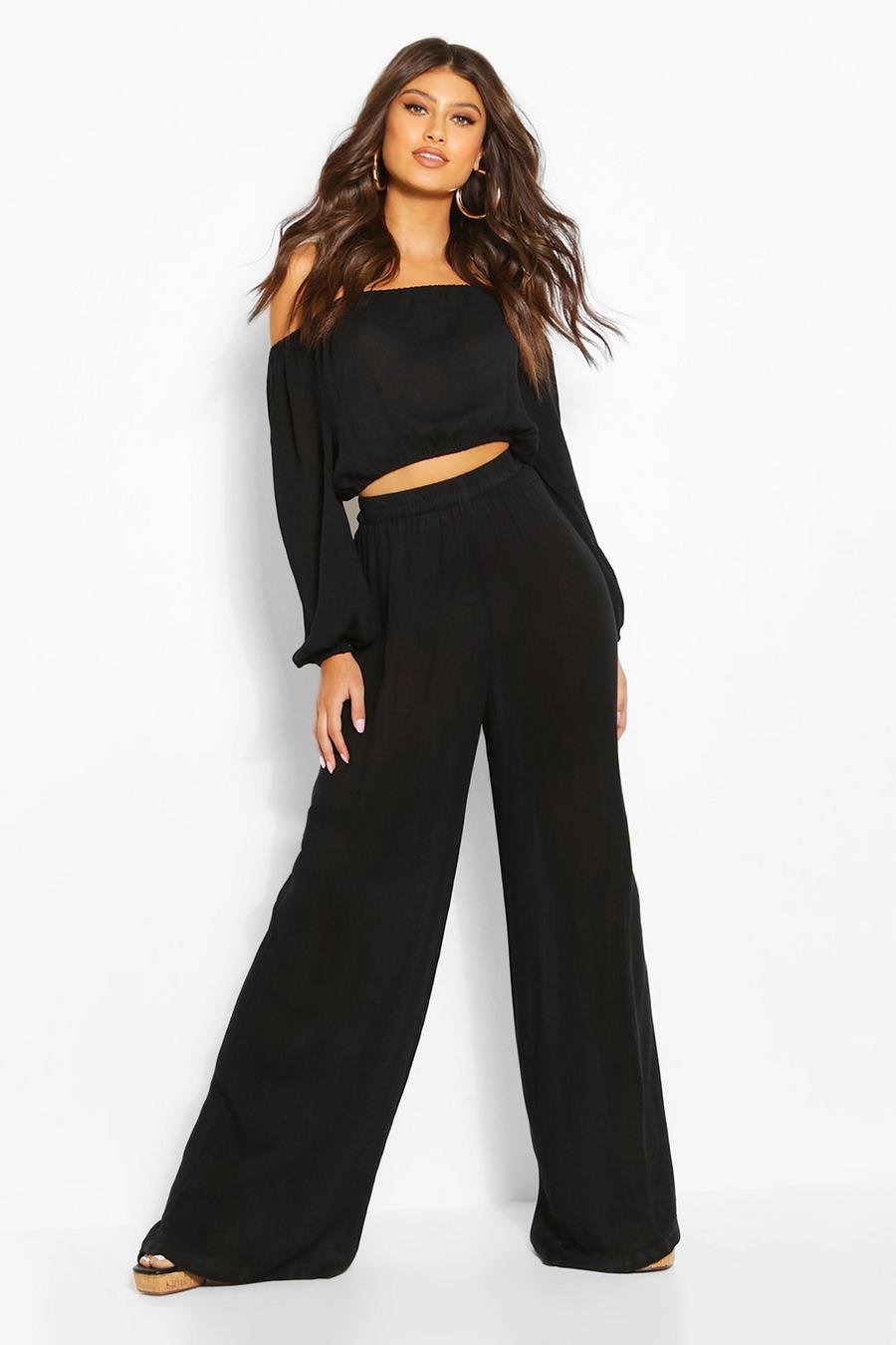 Black Cheesecloth Off Shoulder Top & Trouser Co-ord image number 1