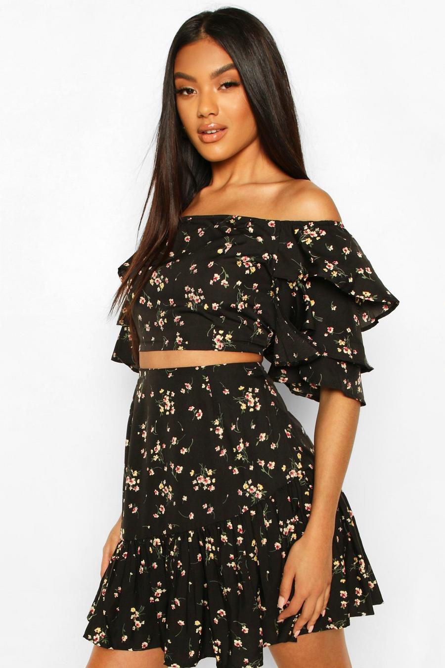 Black Woven Floral Ruffle Top And Mini Skirt Co-ord Set image number 1
