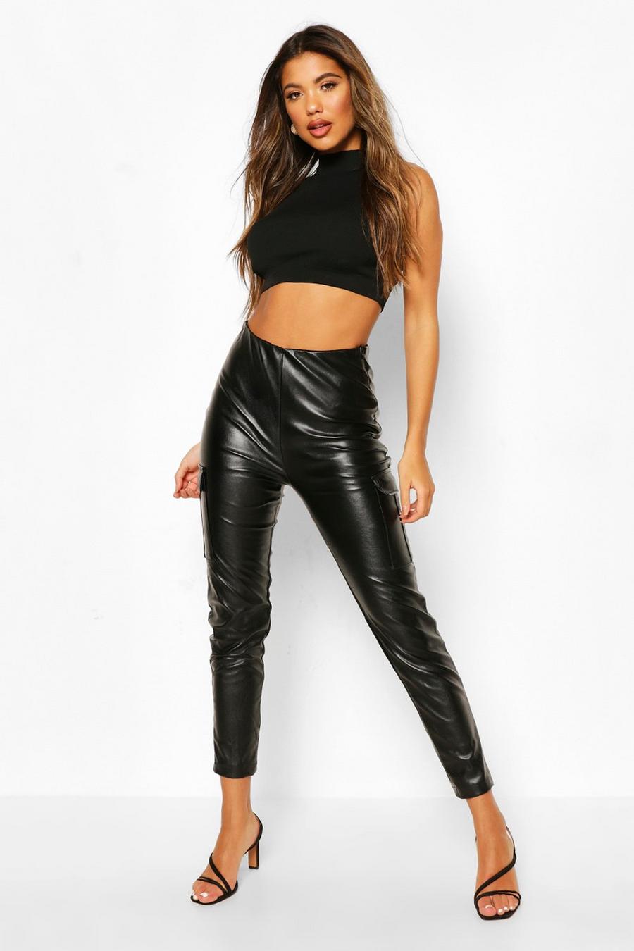 Black Faux Leather Cargo Pants image number 1