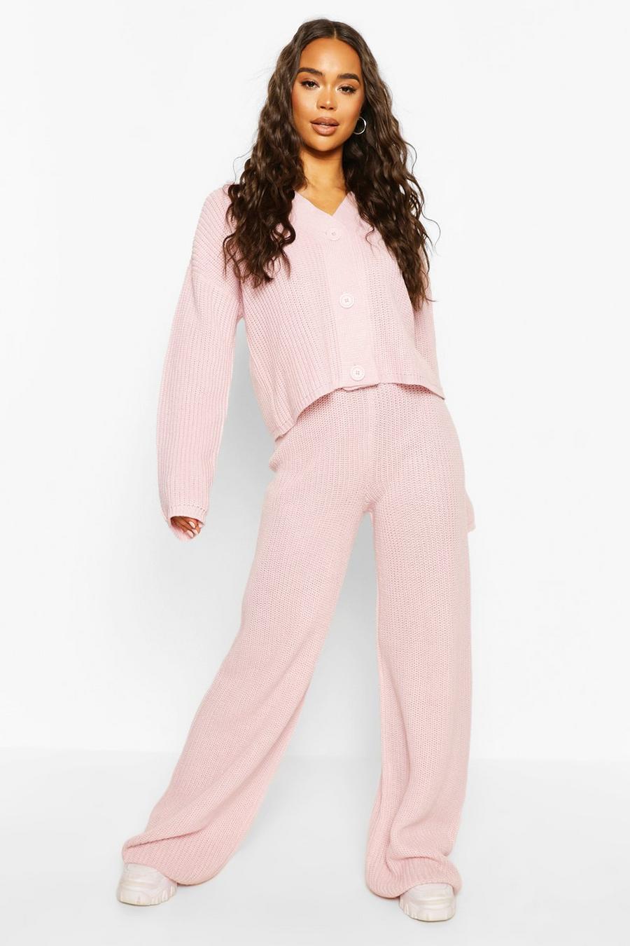 Pink Knitted Button Through Wide Leg Cardigan Set image number 1