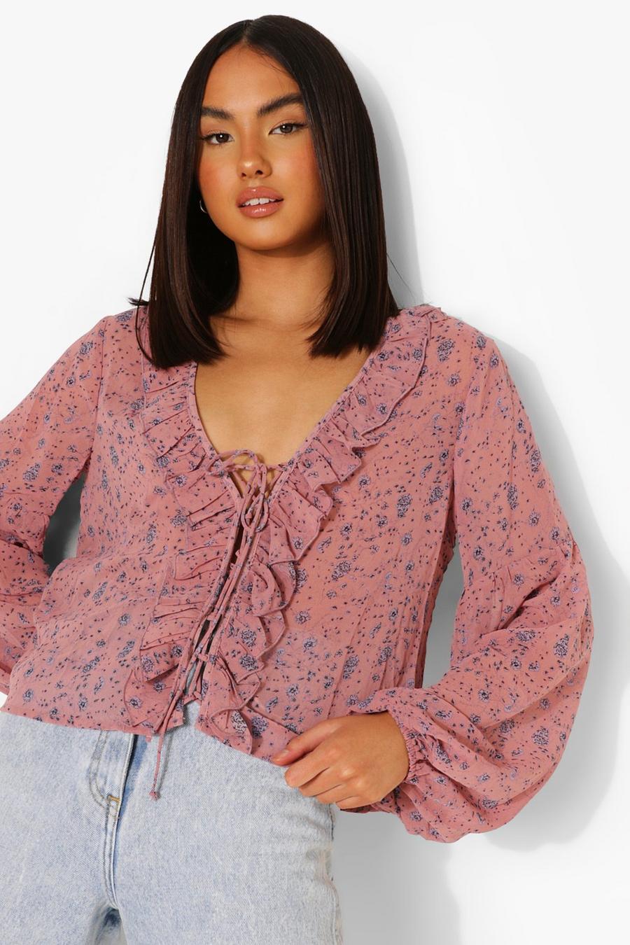 Blush Woven Floral Lace Up Ruffle Blouse image number 1
