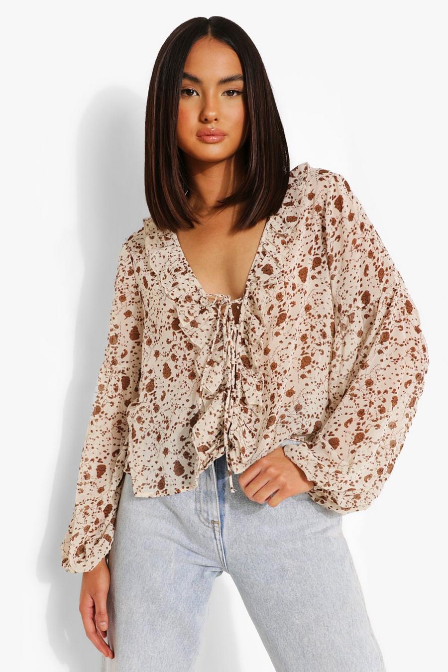 Ivory Woven Floral Lace Up Ruffle Blouse image number 1