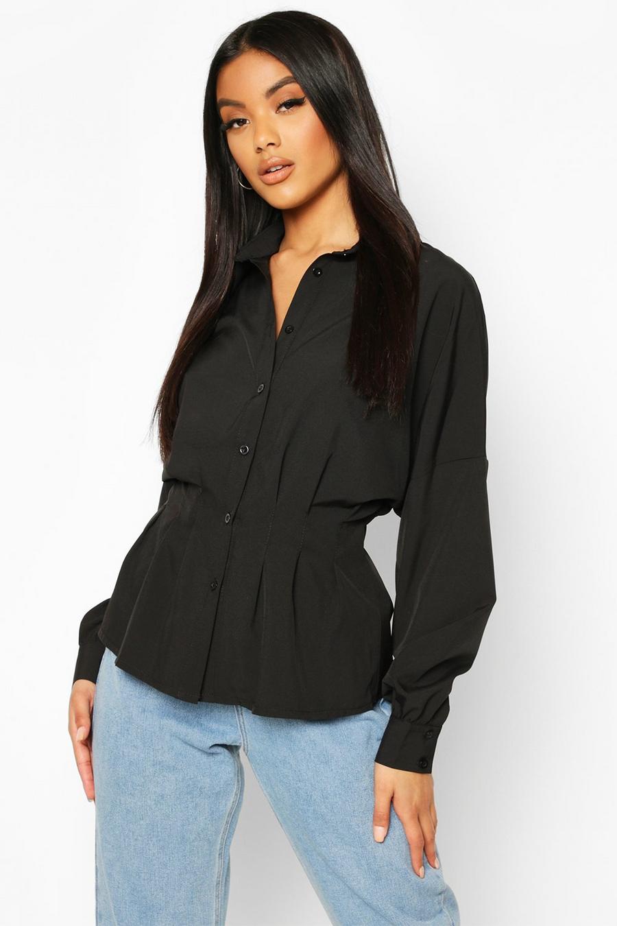 Camisa de algodón con cintura plisada, Negro image number 1