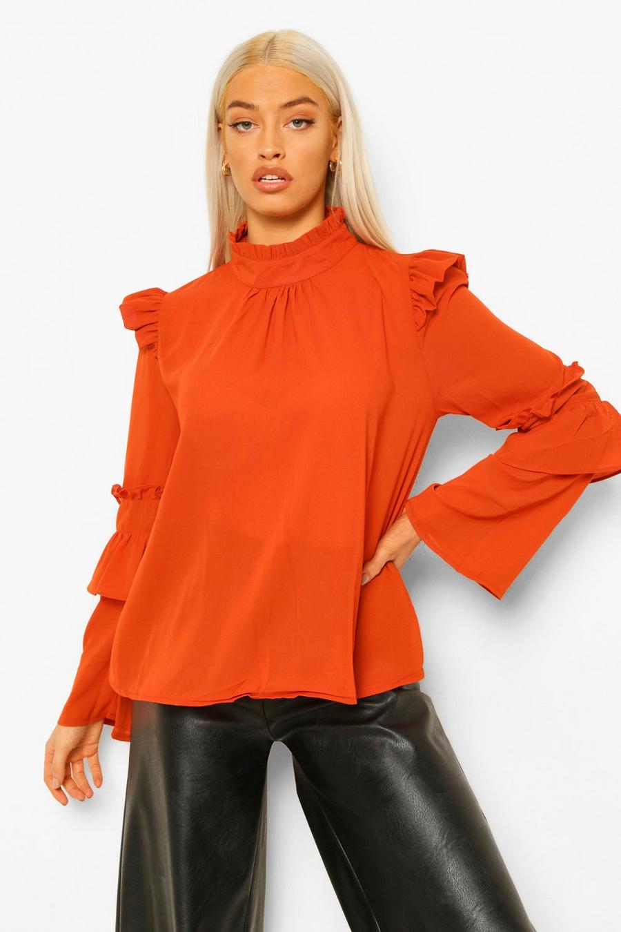 Terracotta Woven Ruffle Detail Blouse image number 1