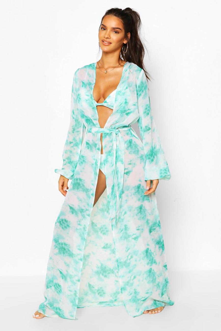 Kimono de plage maxi tie-dye, Turquoise image number 1