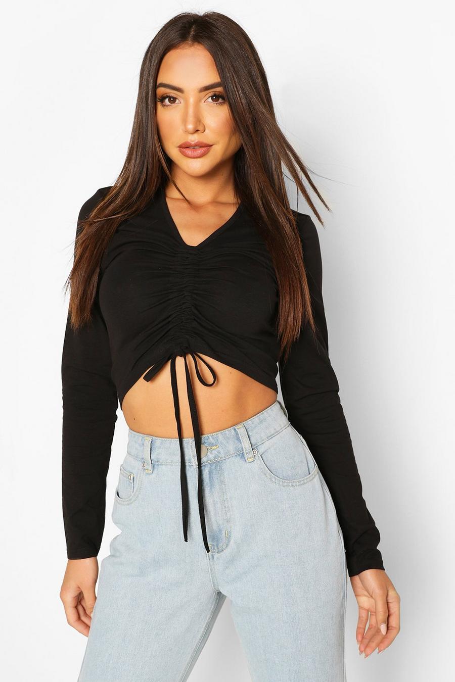 Ruched Tie Up Front Long Sleeve Top | boohoo