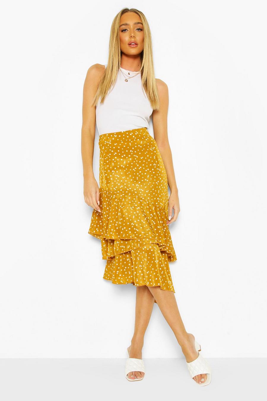 Mustard yellow Ditsy Floral Ruffle Hem Midi Skirt