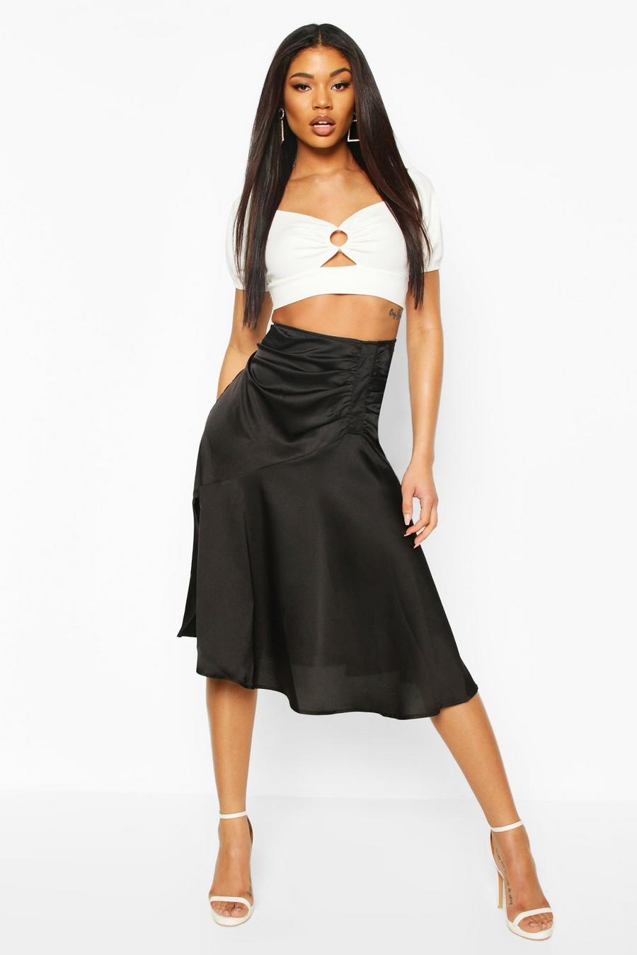 Black Ruched Front Satin Midi Skirt image number 1