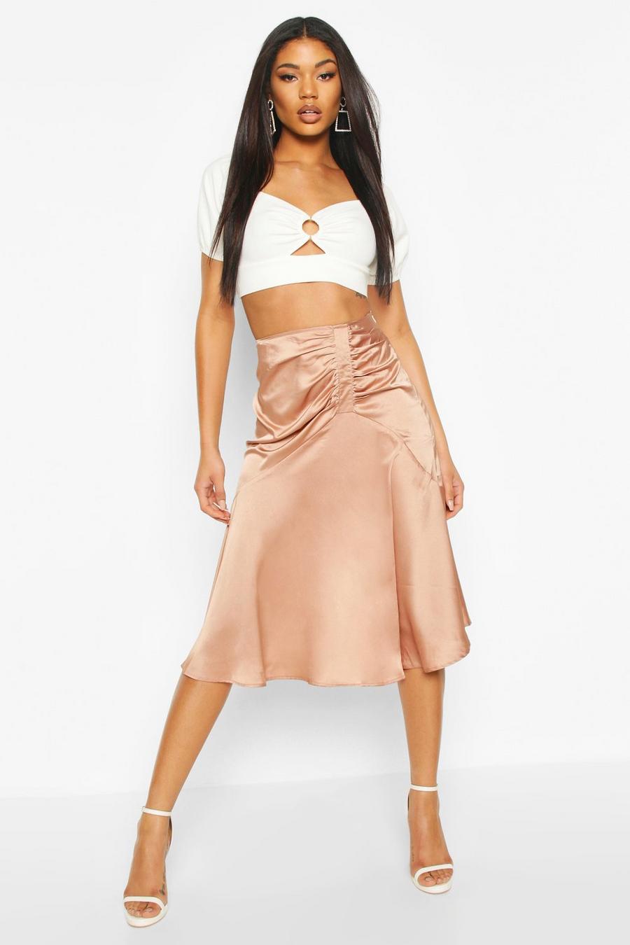 Nude Ruched Front Satin Midi Skirt image number 1