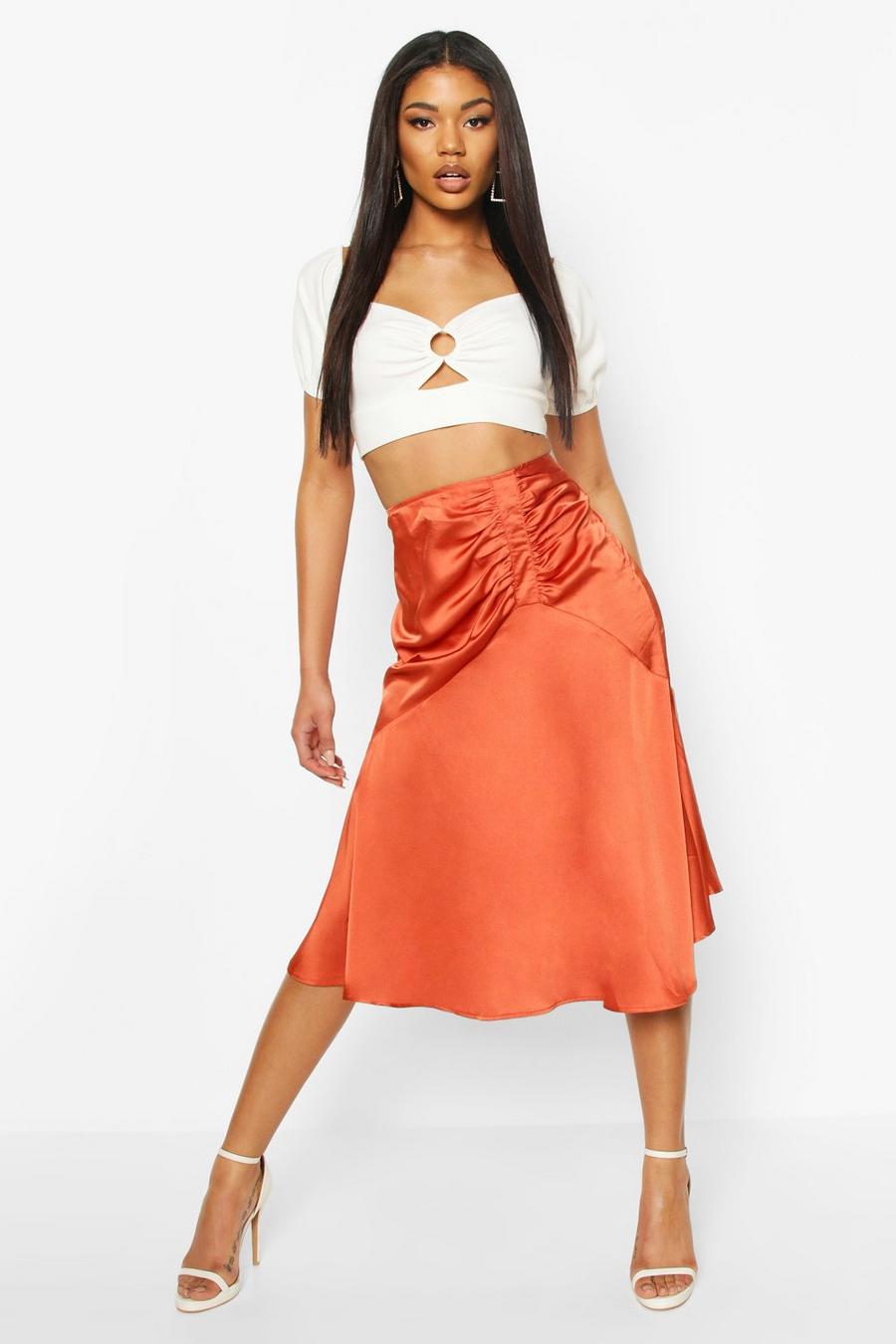Terracotta Ruched Front Satin Midi Skirt image number 1
