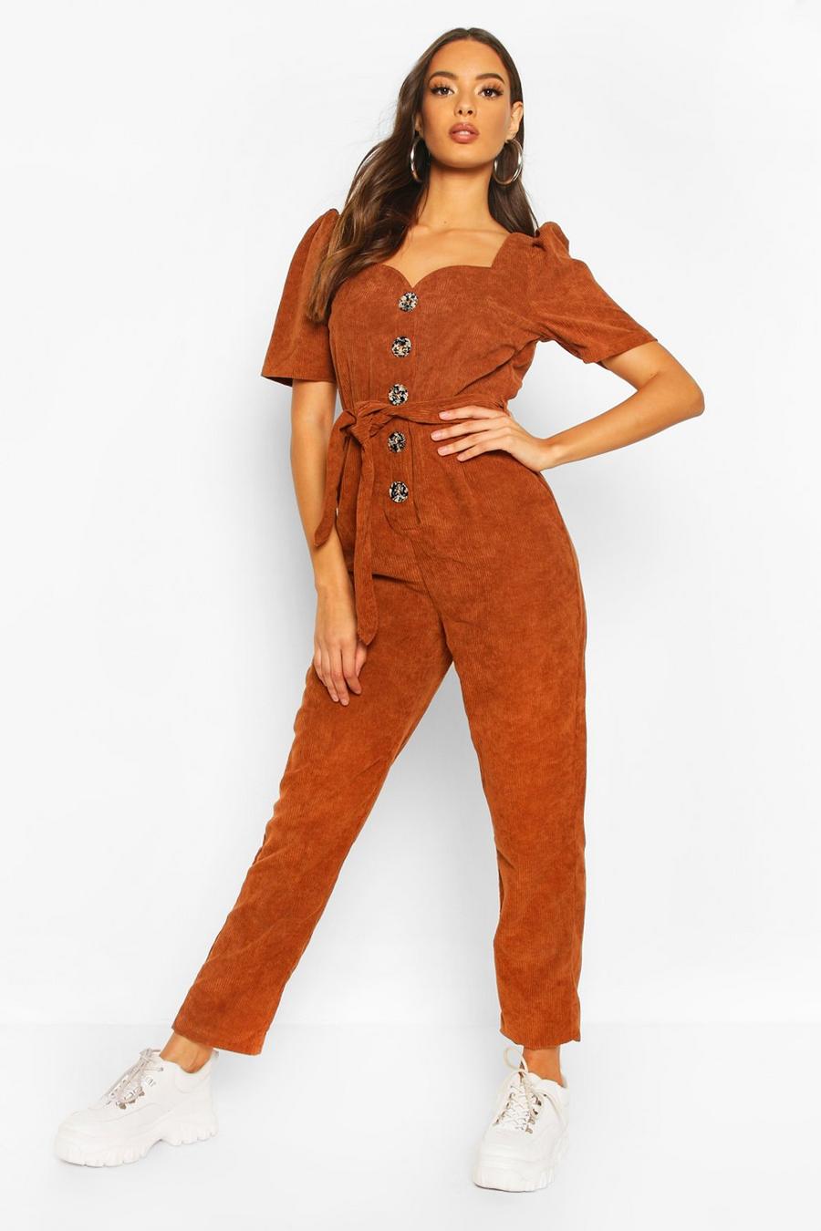 Tan Chunky Cord Button Front Boiler Suit image number 1