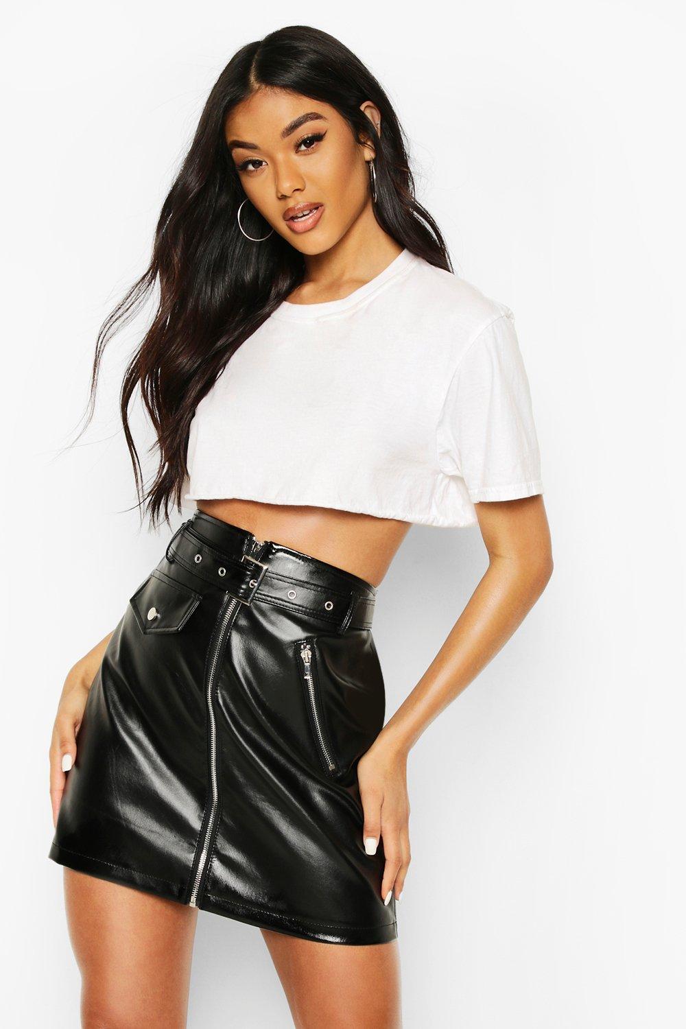 Petite Black Faux Leather Biker Belted Mini Skirt, 57% OFF