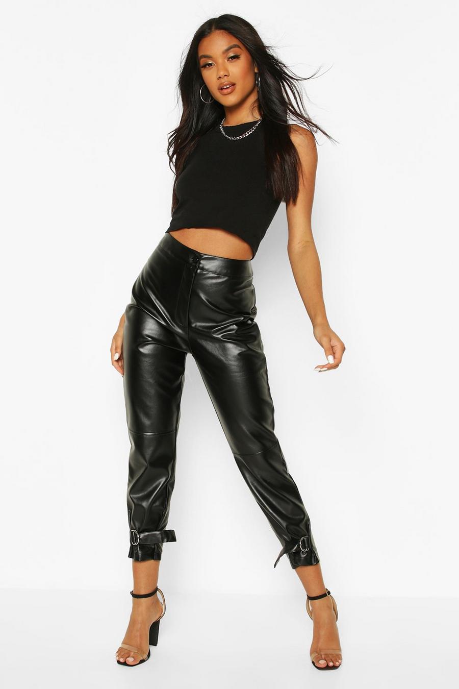Black Ankle Detail Leather Look Slim Fit Trousers image number 1