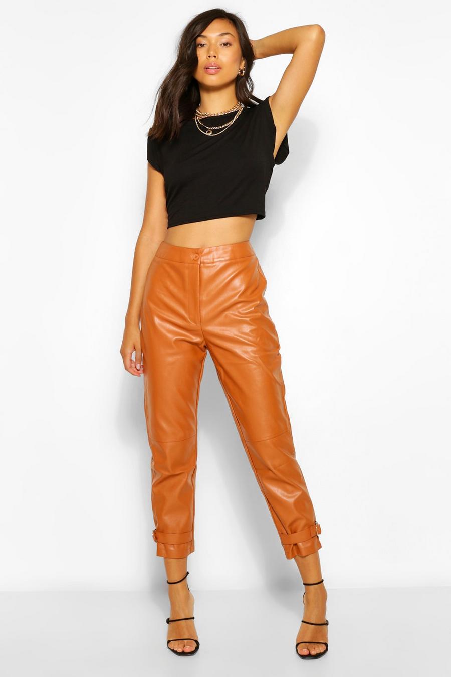 Camel Ankle Detail Faux Leather Slim Fit Pants image number 1