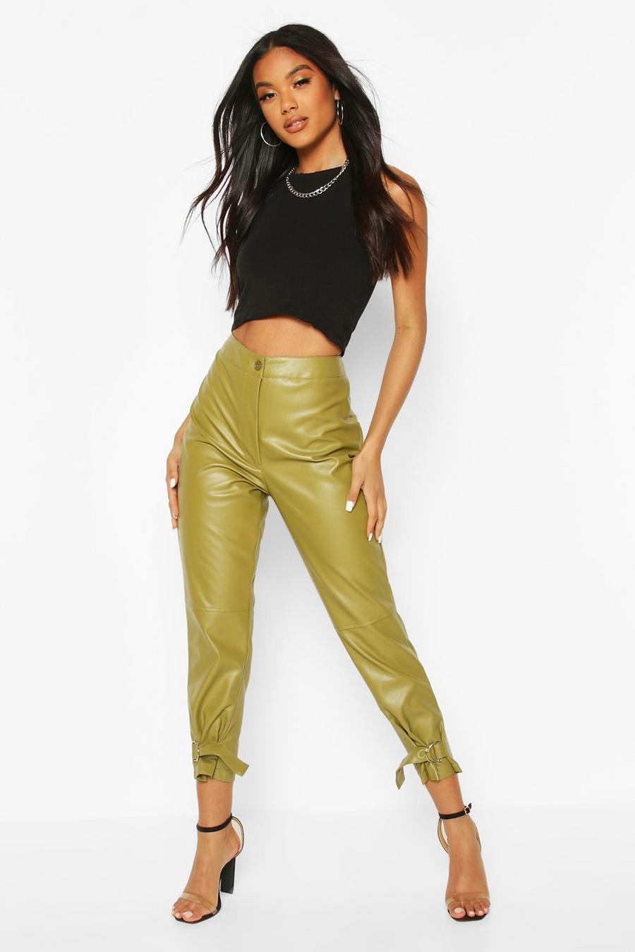 Olive green Ankle Detail Leather Look Slim Fit Trousers image number 1