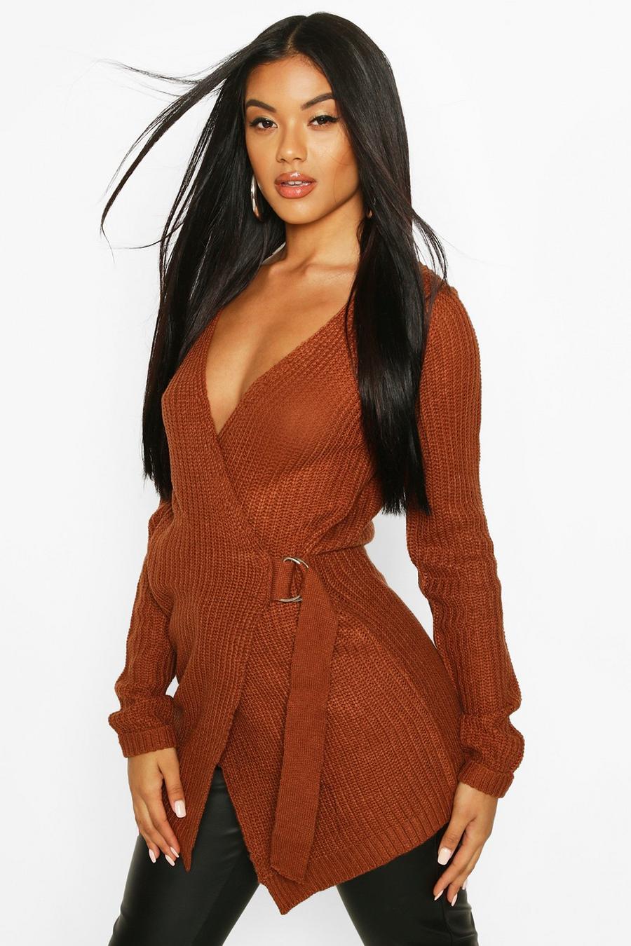 Tobacco brown Wrap D Ring Belted Cardigan image number 1