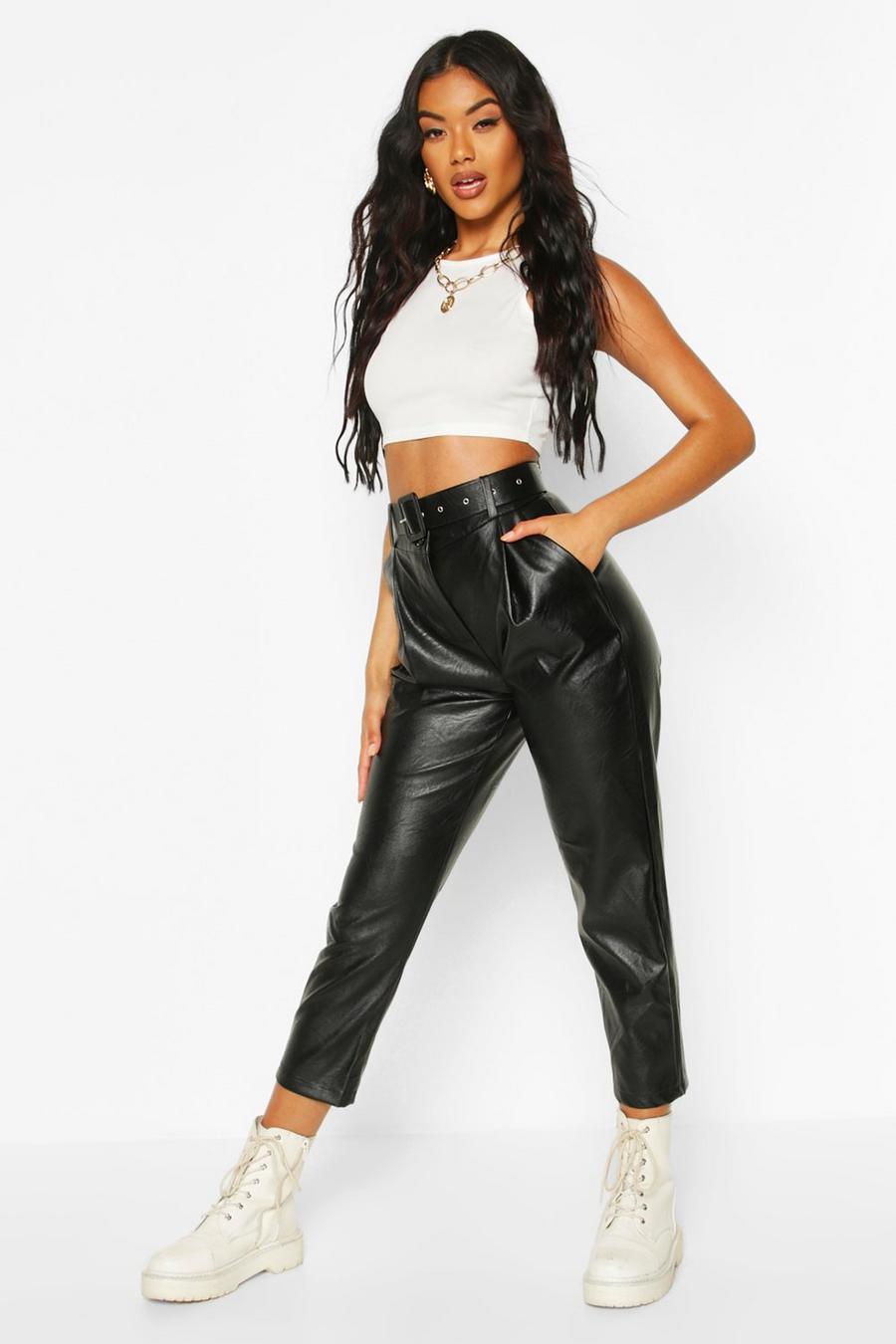 Self Fabric Belted Faux Leather Pants image number 1