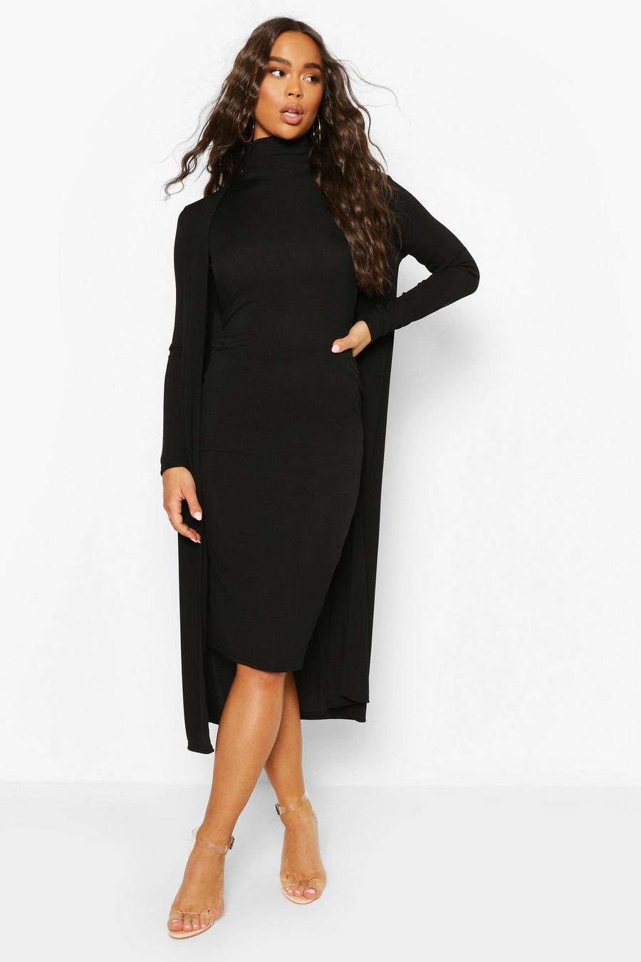 Black Rib Funnel Neck Midi Dress And Duster image number 1