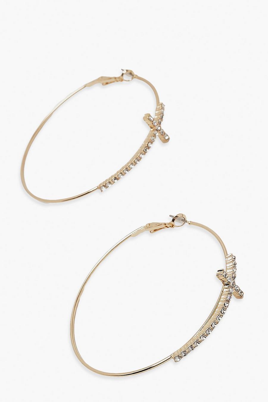 Gold metallic Diamante Cross Detail Hoop Earring