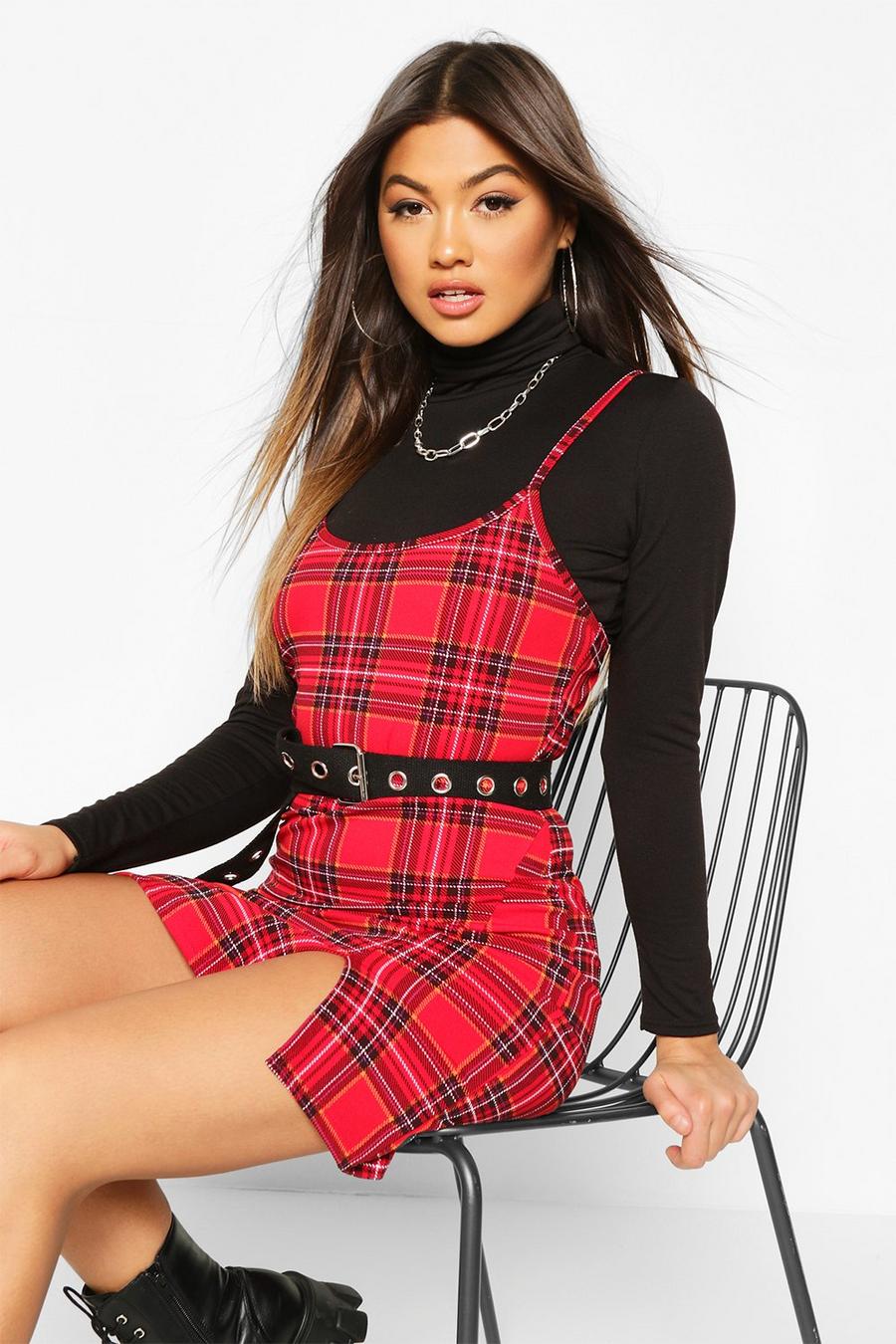 Red rot Check Funnel Neck Long Sleeve Set