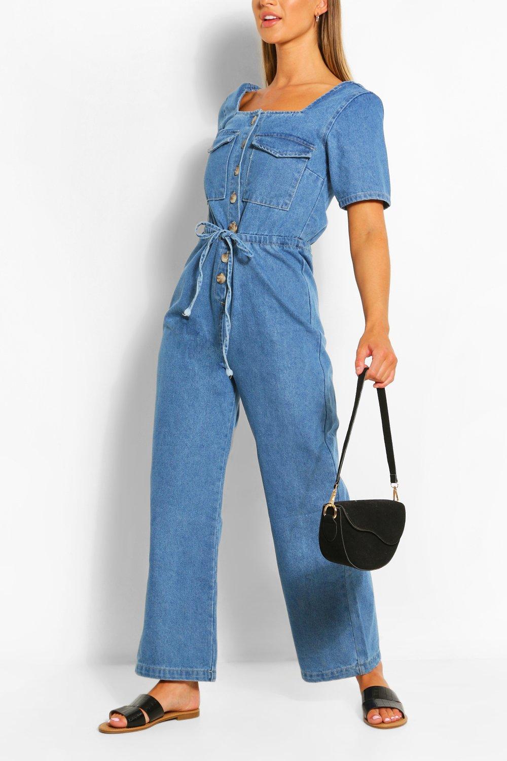 denim tie waist jumpsuit