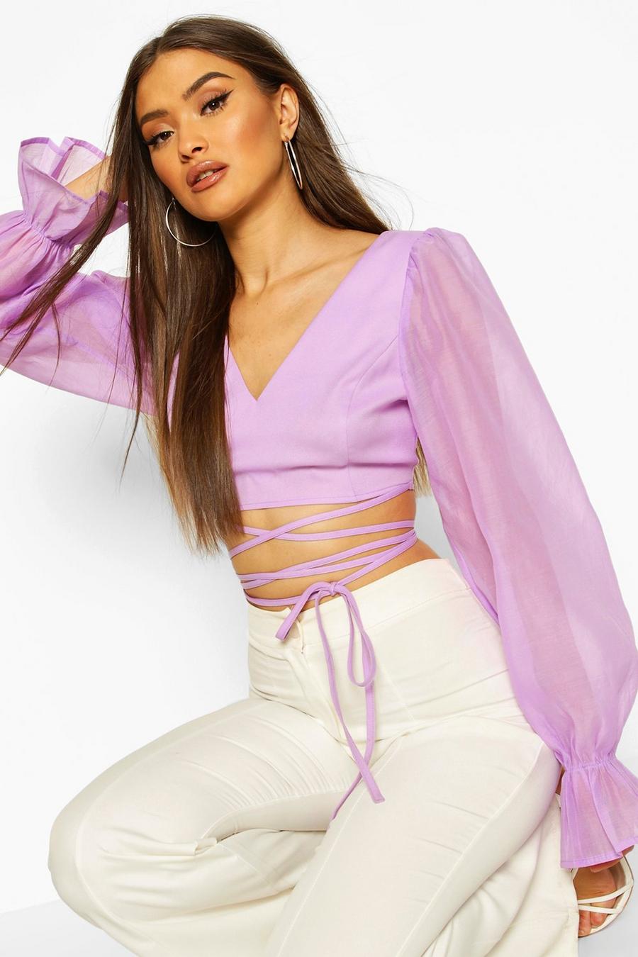 Lilac Organza Balloon Sleeve Tie Up Waist Top image number 1