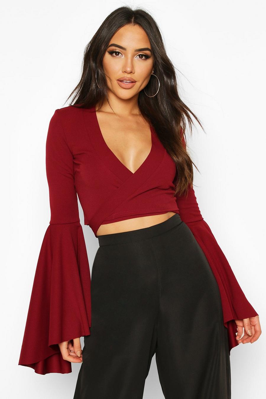 Berry red Extreme Flute Sleeve Wrap Cropped Top image number 1