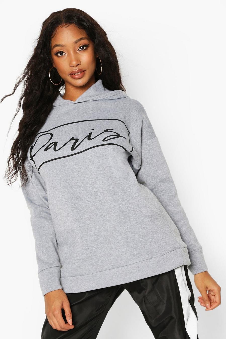 "Paris" Oversize sweatshirt med huva och slogan image number 1
