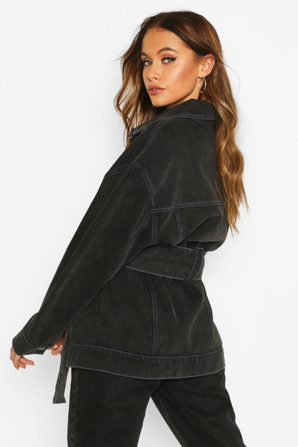 Belted denim jacket on sale black