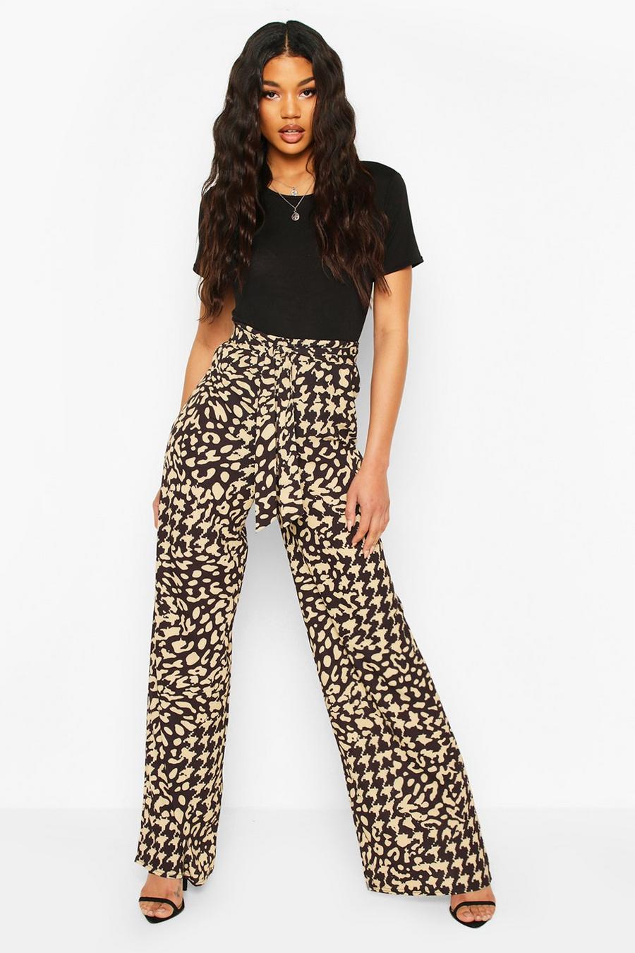Mixed Leopard Wide Leg Tie Waist Trousers image number 1