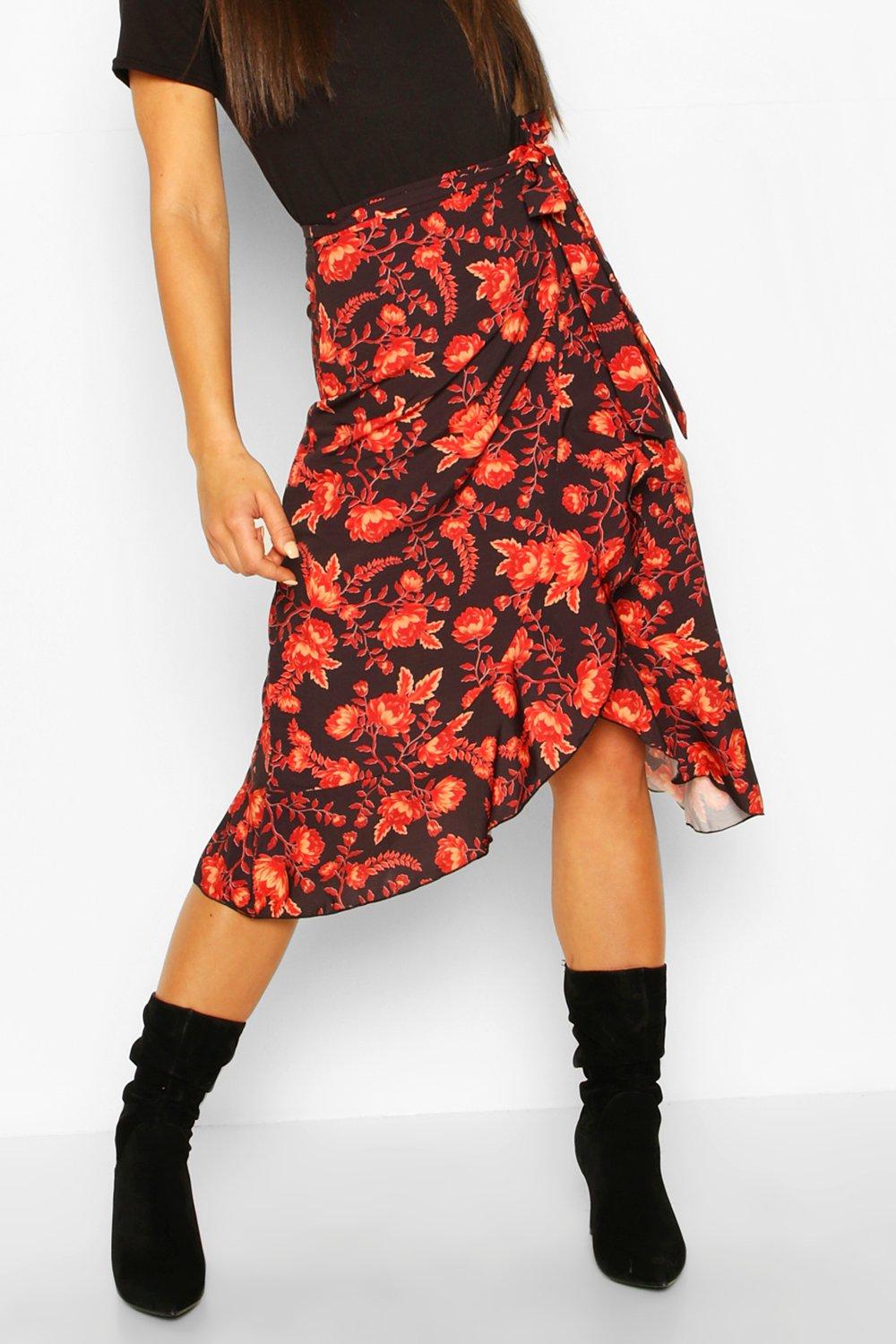 Autumnal Floral Wrap Front Midi Skirt