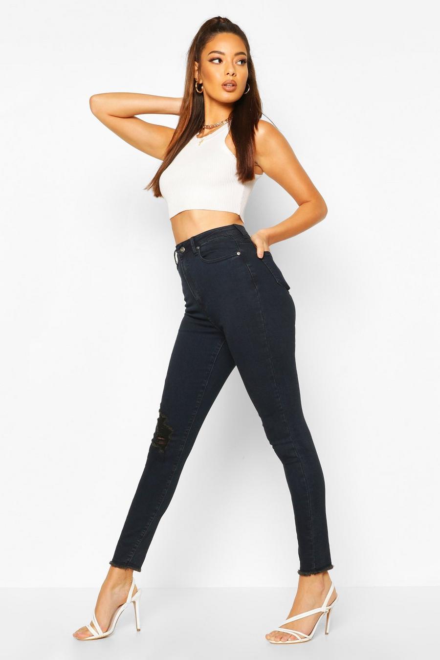 Jeans skinny elasticizzati a vita alta effetto consumato, Indaco image number 1