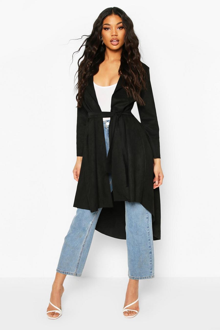 Black Faux Suede Duster Coat With Tie Waist image number 1