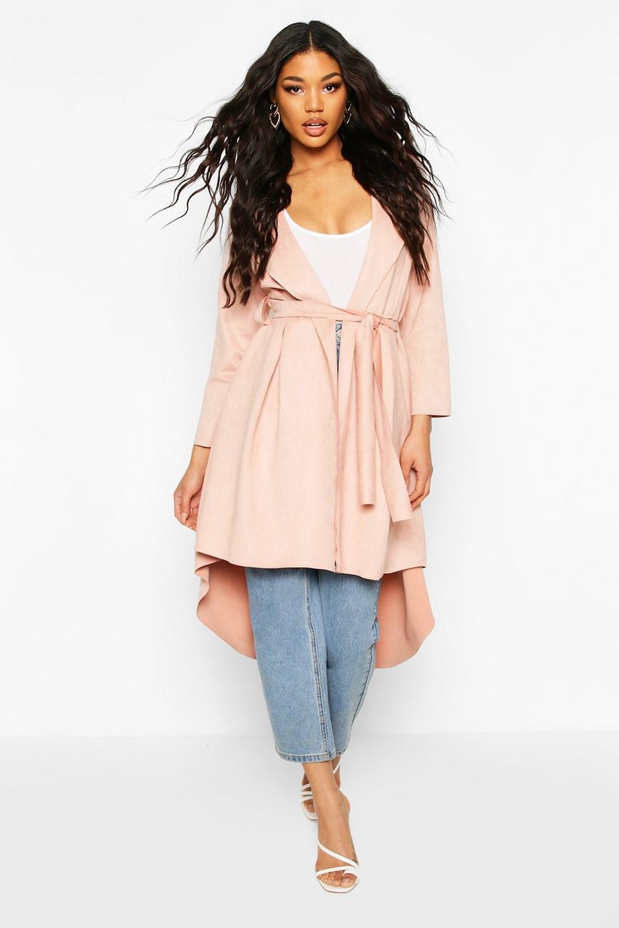Pink Faux Suede Duster Coat With Tie Waist image number 1
