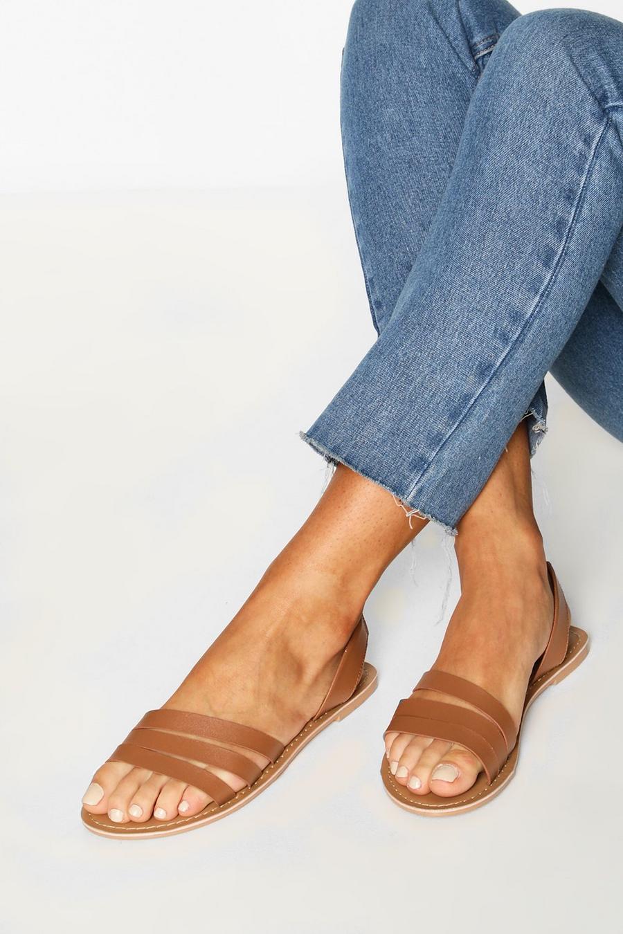Tan marrón Leather 3 Strap Sandals