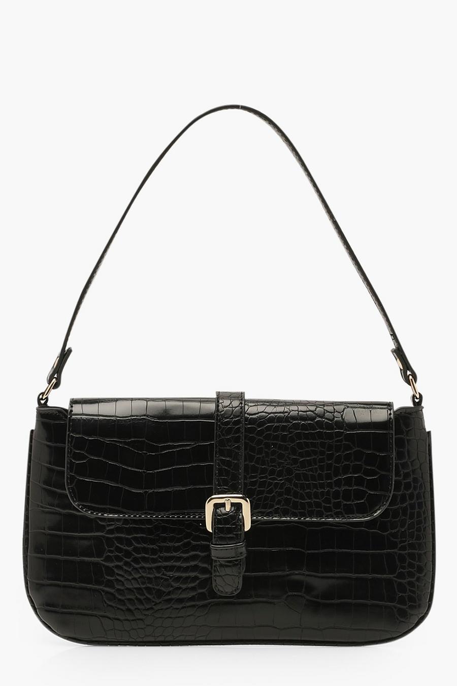 Black Handväska med krokodilskinnsmönster och dekorativt spänne image number 1