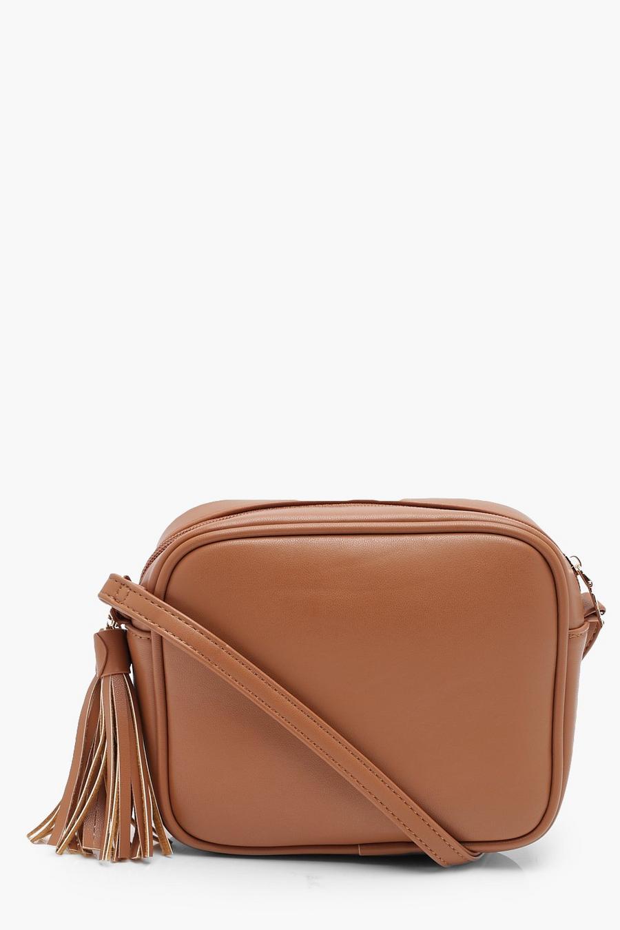 Tan brown PU Zip Around Cross Body Bag With Tassel