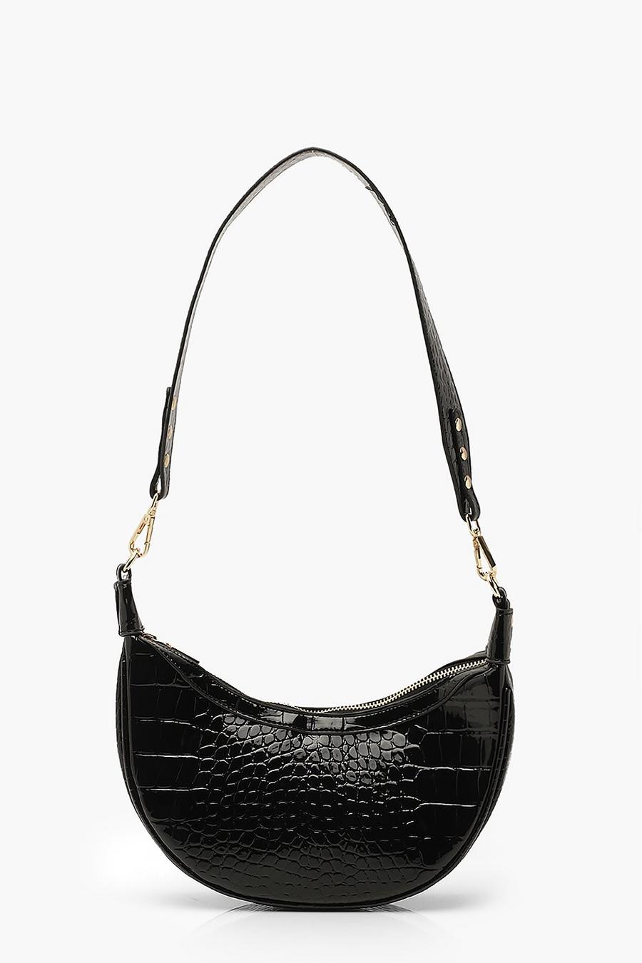 Black Handväska i lack med krokodilskinnseffekt och brett axelband image number 1