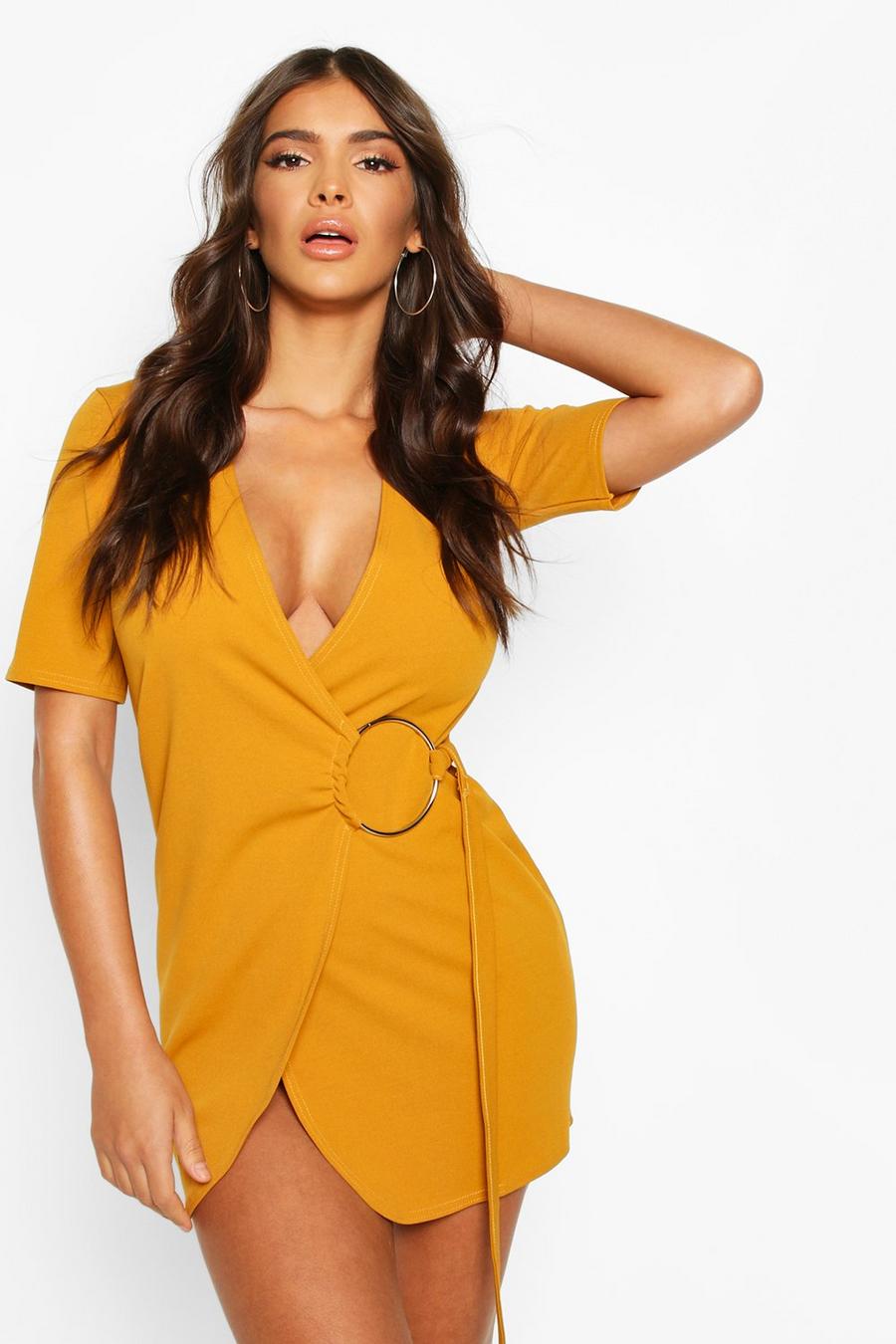 Mustard Wrap Mini Dress With Metal Ring Feature image number 1