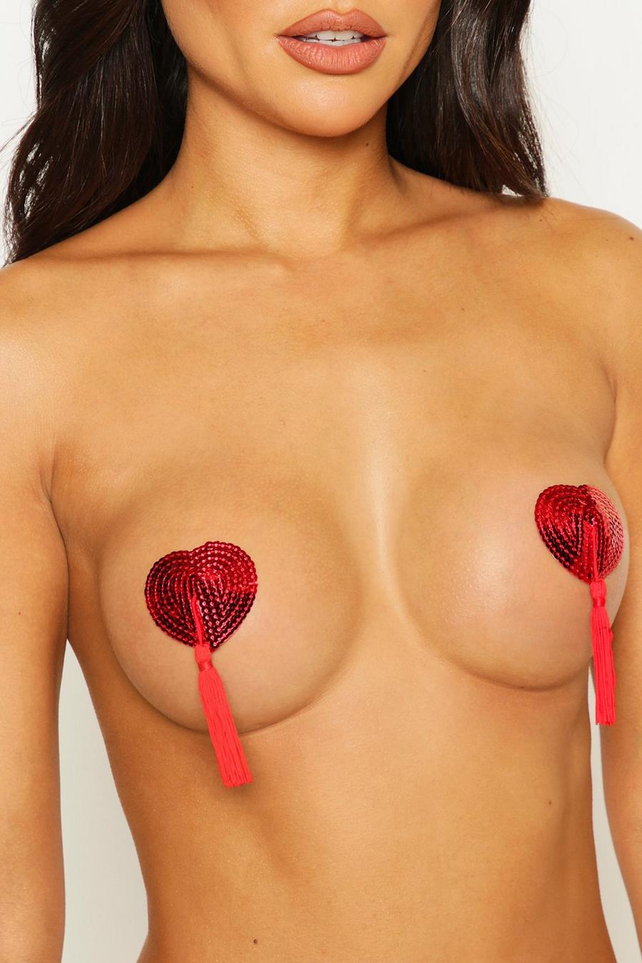 Valentines Hjärtformade nipple covers med tofsar och paljetter image number 1