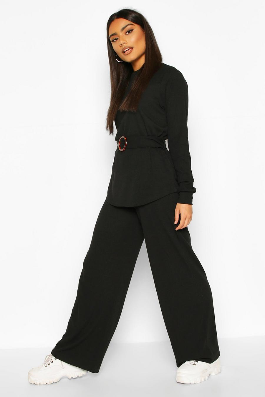 Soft Rib Belted Top And Wide Leg Pants image number 1