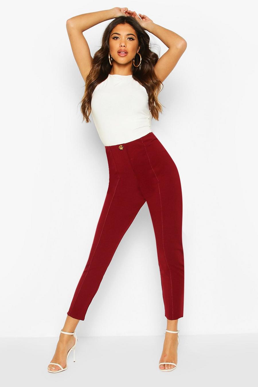 Wine Tapered Leg Pants With Contrast Stitching image number 1