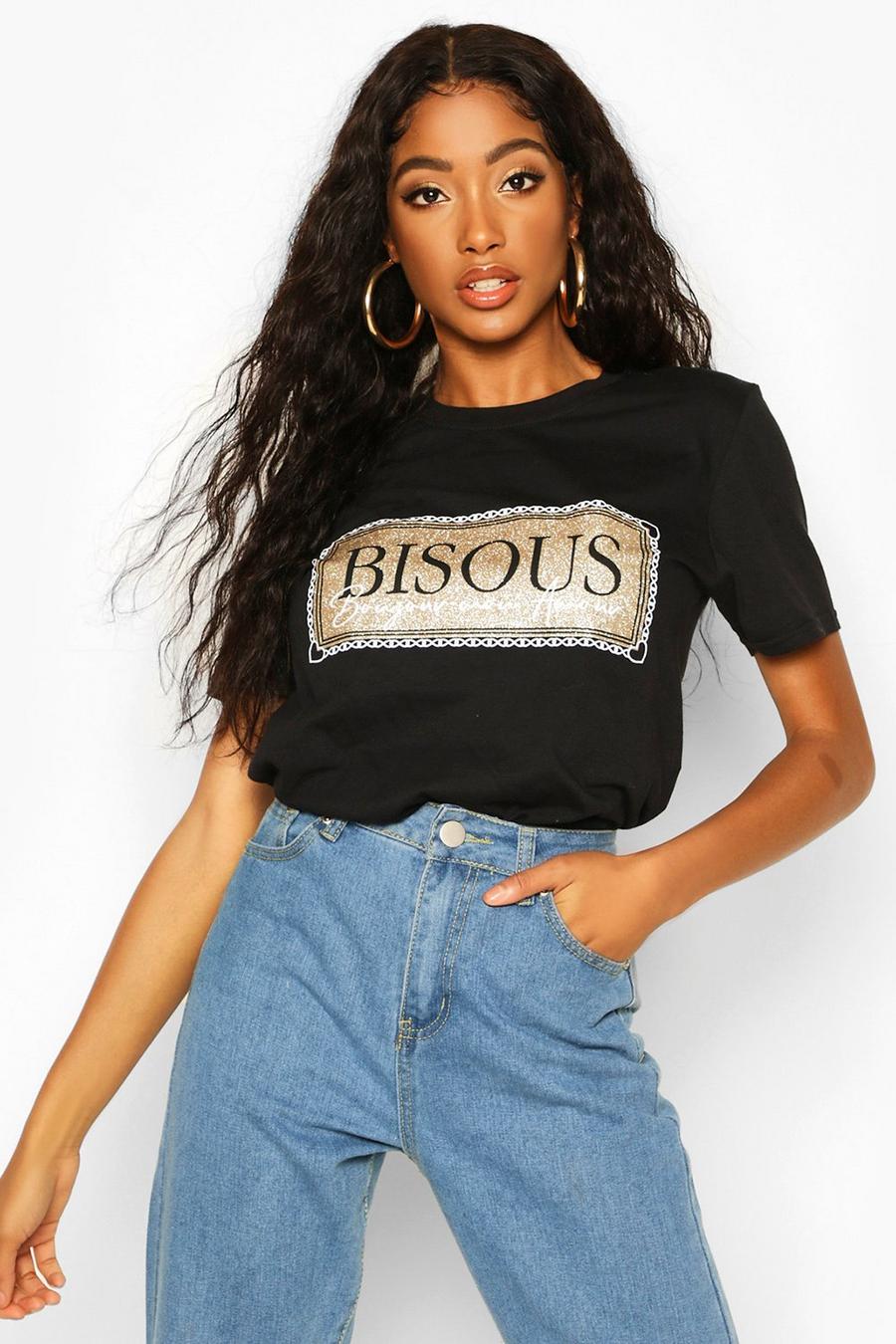T-shirt con scritta "Bisous" glitterata image number 1